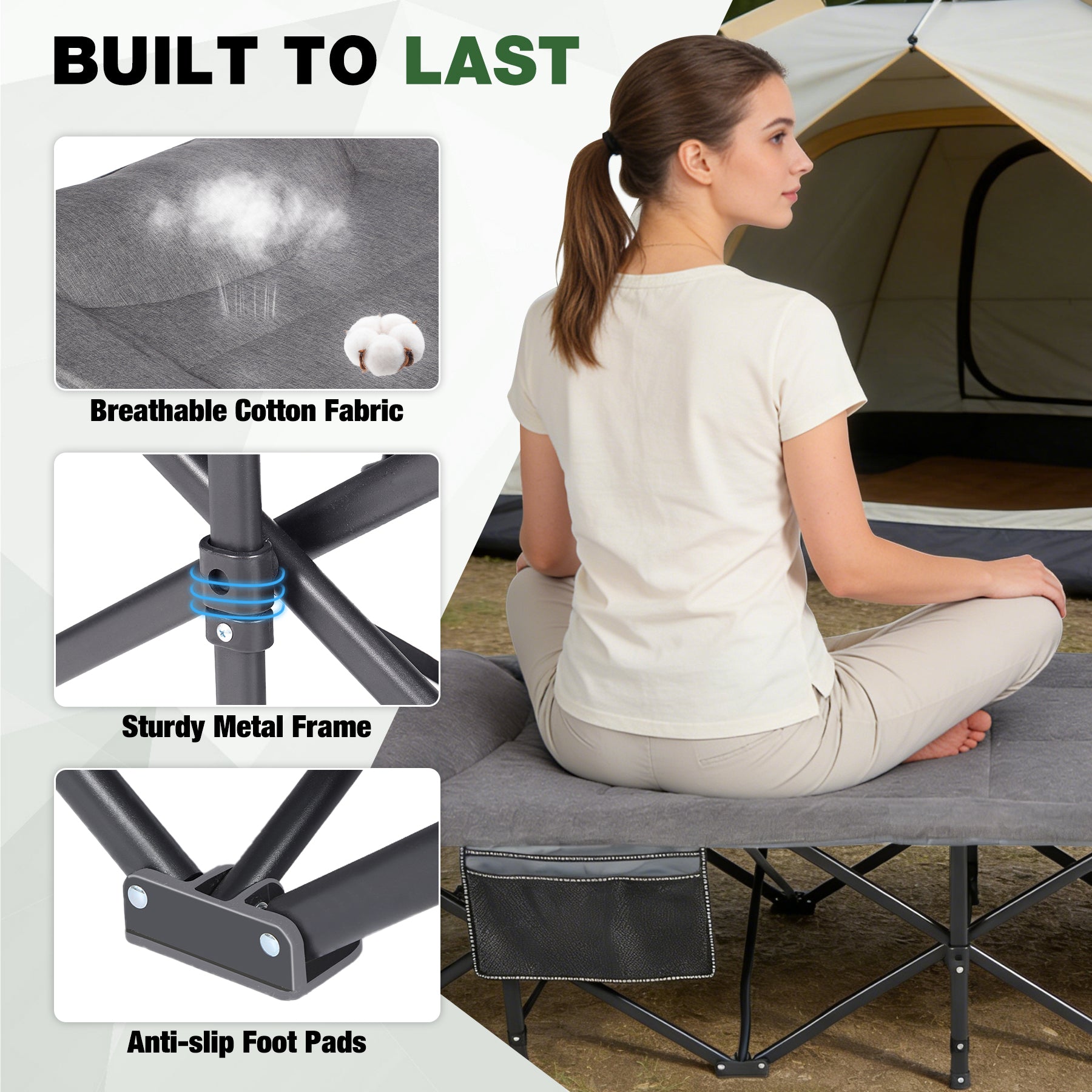 2 Person Camping Cot, 59" Extra Wide with Integrated Mattress