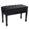 Adjustable piano bench with black PU leather cushion and wooden legs.