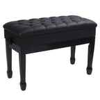 Adjustable piano bench with black PU leather cushion and wooden legs.