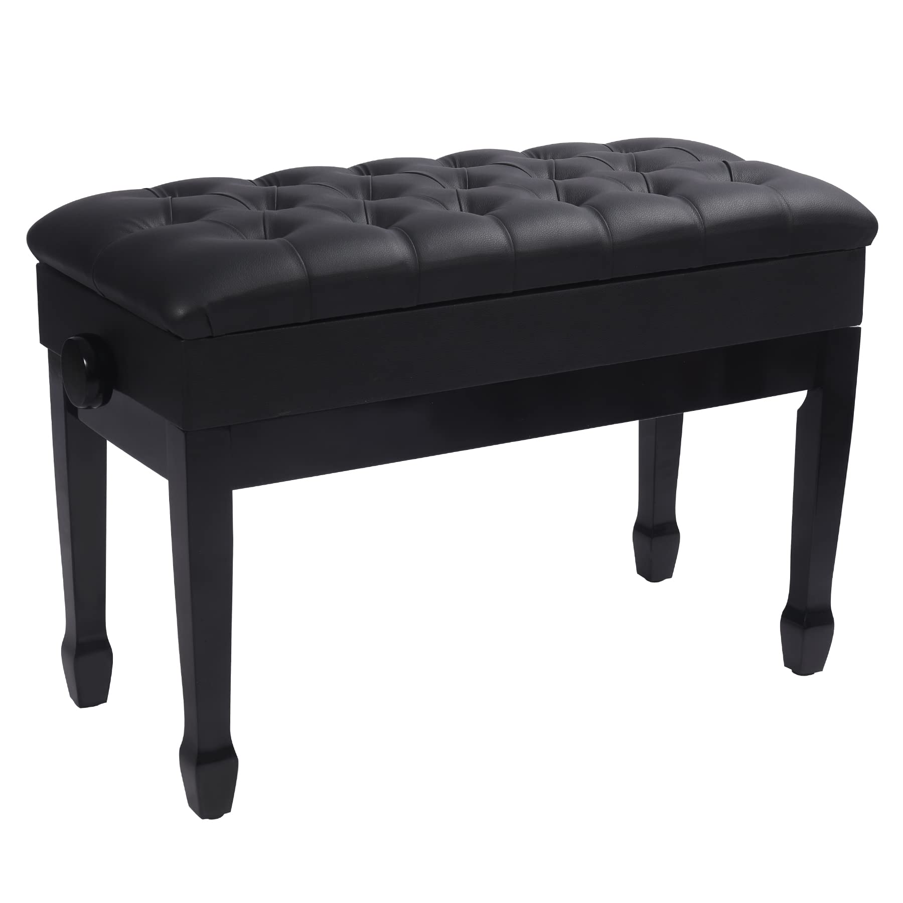 Adjustable piano bench with black PU leather cushion and wooden legs.