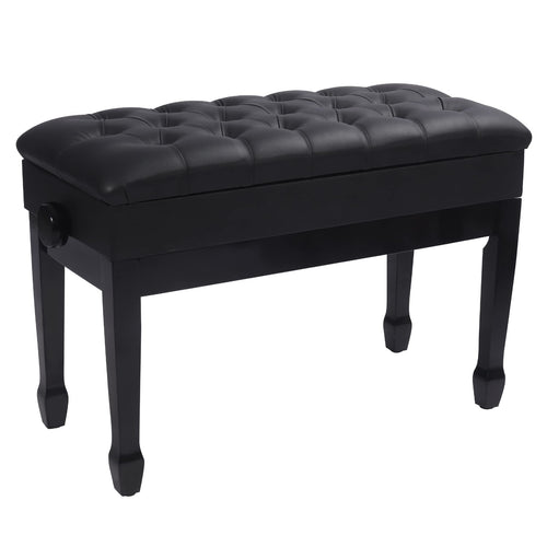 Adjustable piano bench with black PU leather cushion and wooden legs.