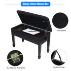 Open piano bench displaying internal sheet music storage compartment.