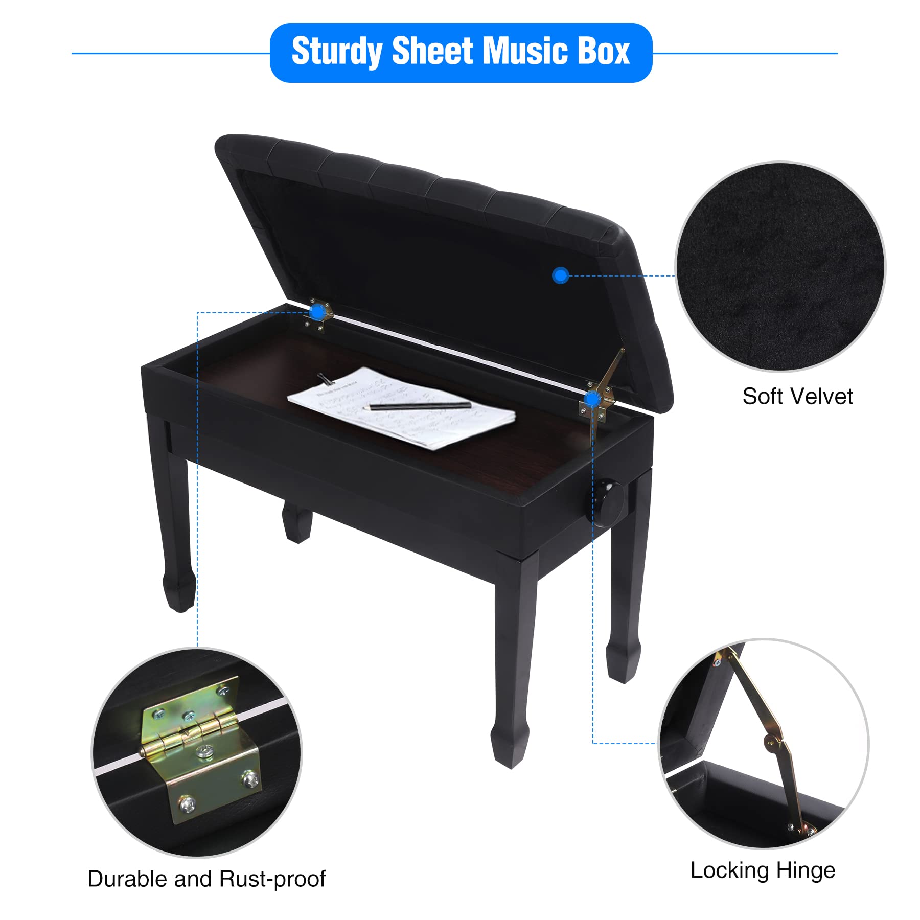 Open piano bench displaying internal sheet music storage compartment.