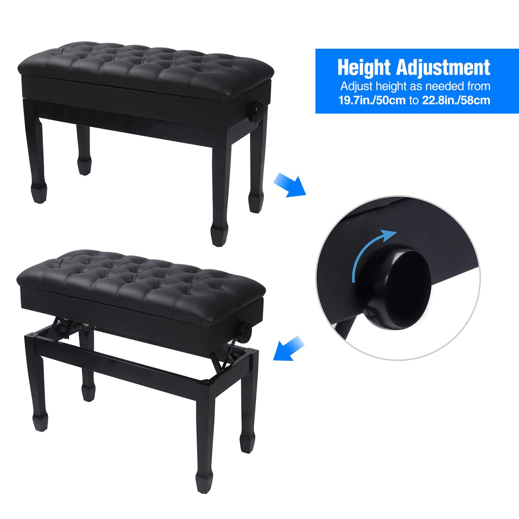 Black piano bench with height adjustment feature on a white background
