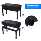 Black piano bench with height adjustment feature on a white background