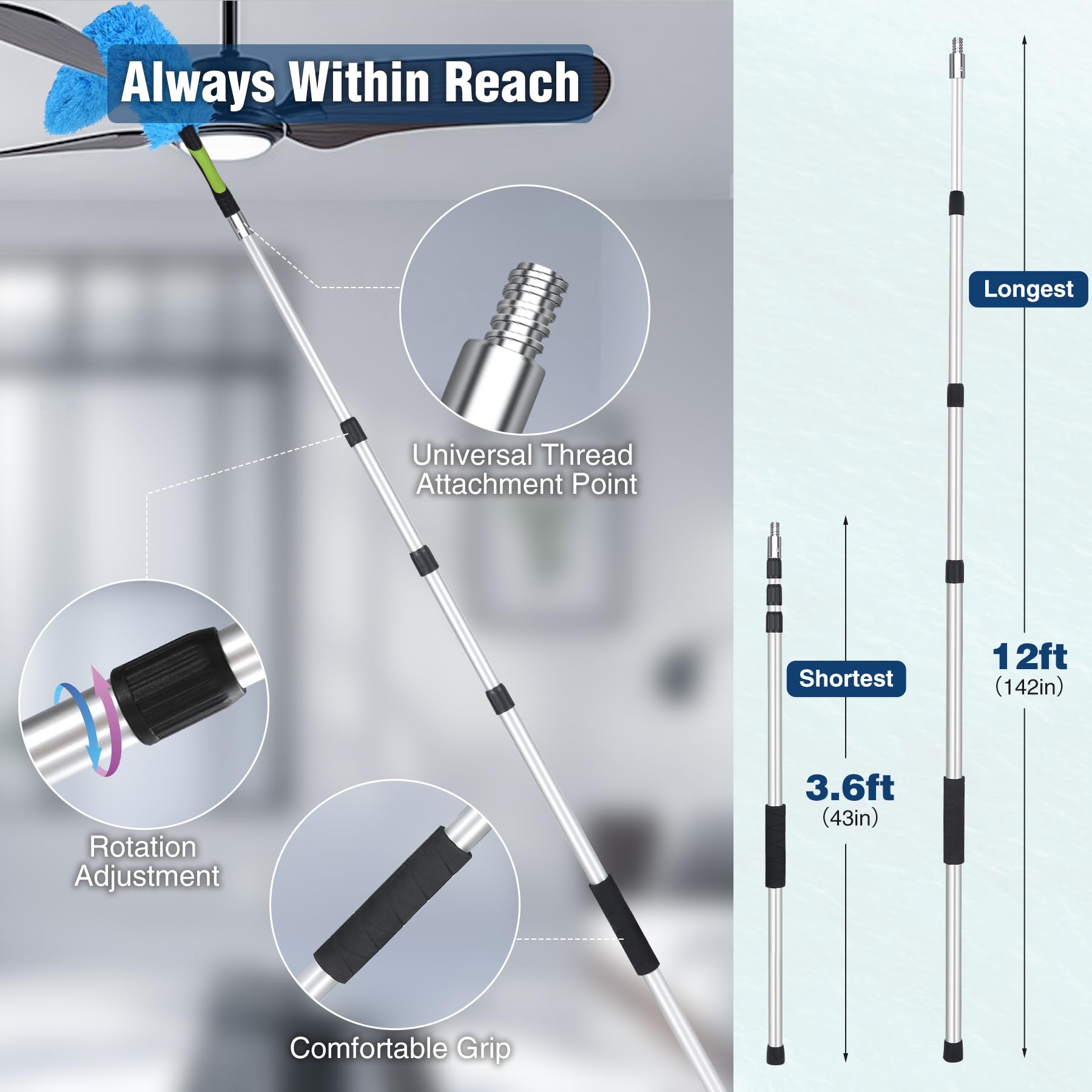 Aluminum telescoping pole fully extended to 12 feet for painting by Stonehomy
