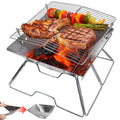 Stonehomy portable camping fire pit and grill with assembled panels inset showing grilled food over active charcoal