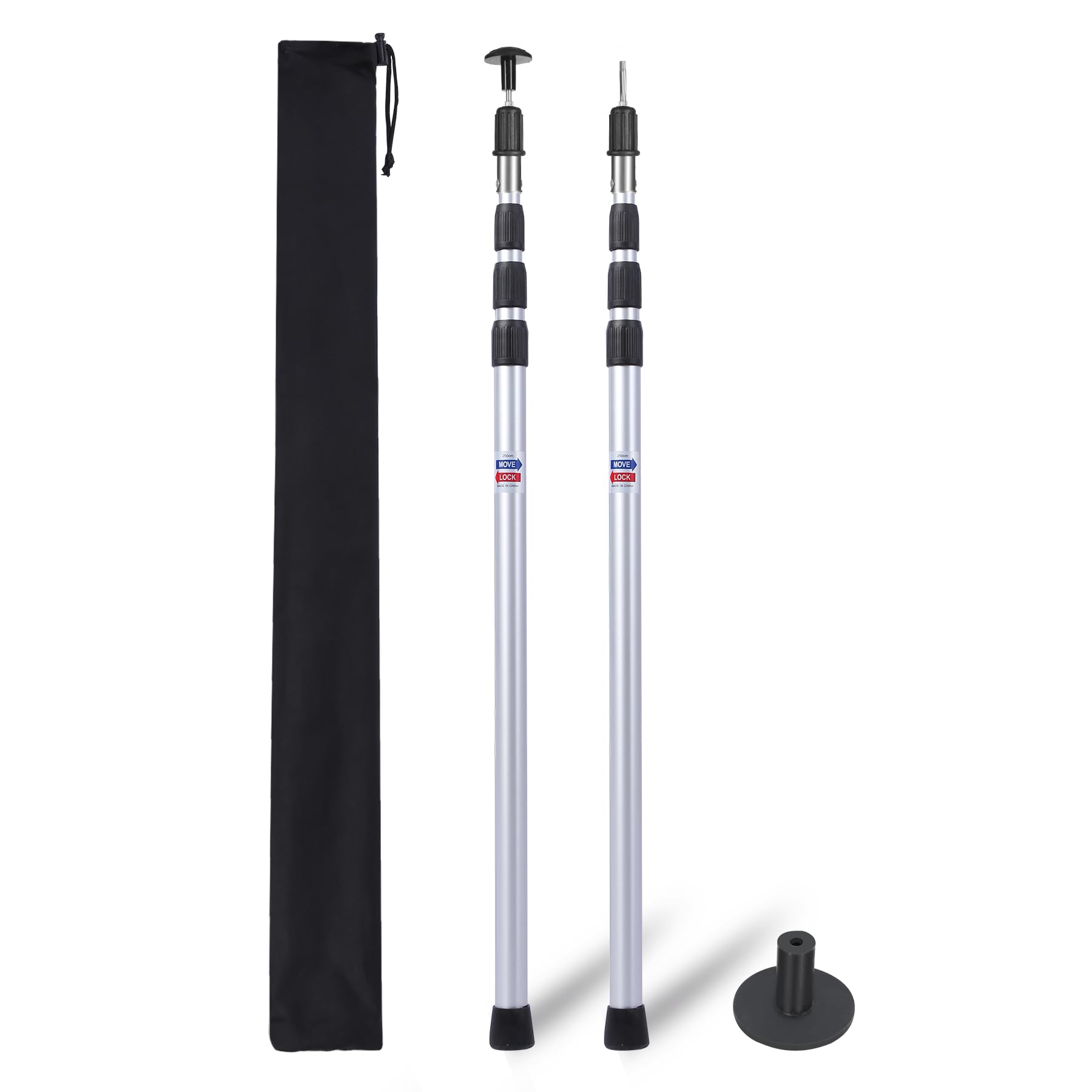 Two adjustable aluminum tarp poles with removable tips and black carrying bag