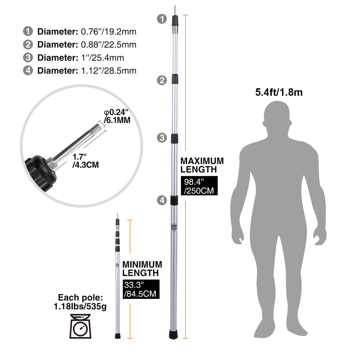 Adjustable tarp pole dimensions from 33.3 to 98.4 inches with four aluminum sections