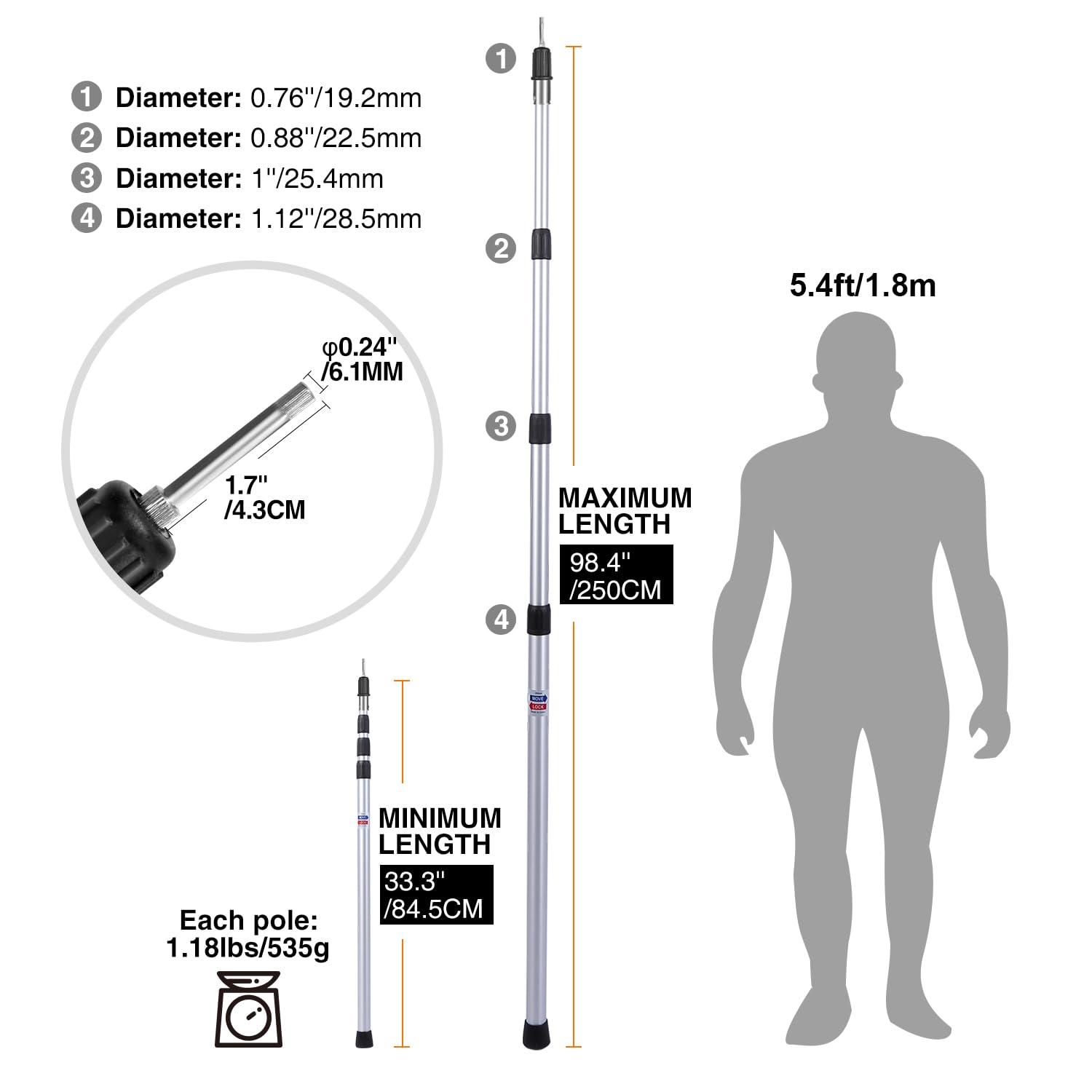 Adjustable tarp pole dimensions from 33.3 to 98.4 inches with four aluminum sections