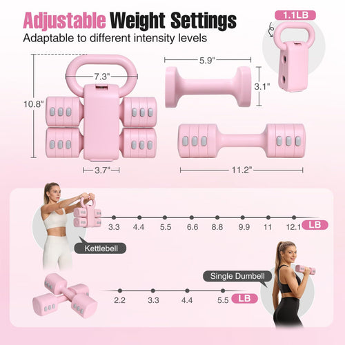 2-in-1 Adjustable Dumbbell & Kettlebell Set, 4-Level Hand Weights (2.2–5.5 Lbs Each)