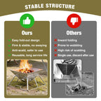 Campfire grill structural stability comparison chart highlighting heavy duty folding design vs disposable pans