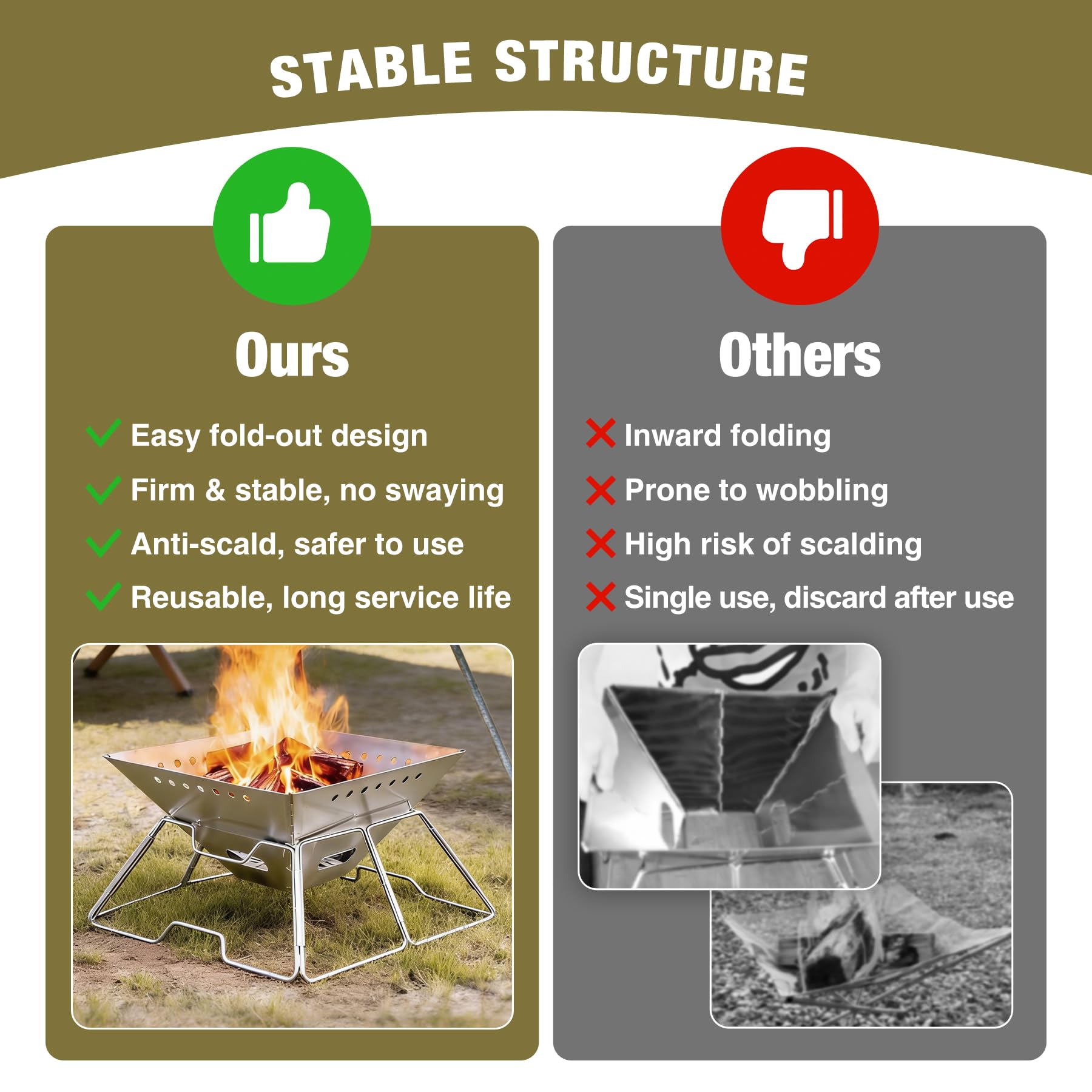 Campfire grill structural stability comparison chart highlighting heavy duty folding design vs disposable pans