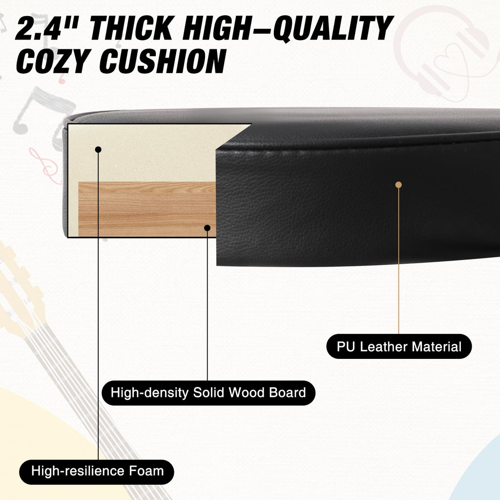 Adjustable Piano Bench with Storage Black Wooden Keyboard Stool