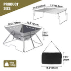 Sizing infographic of portable camp fire pit with dimensions weight and folded carry bag size