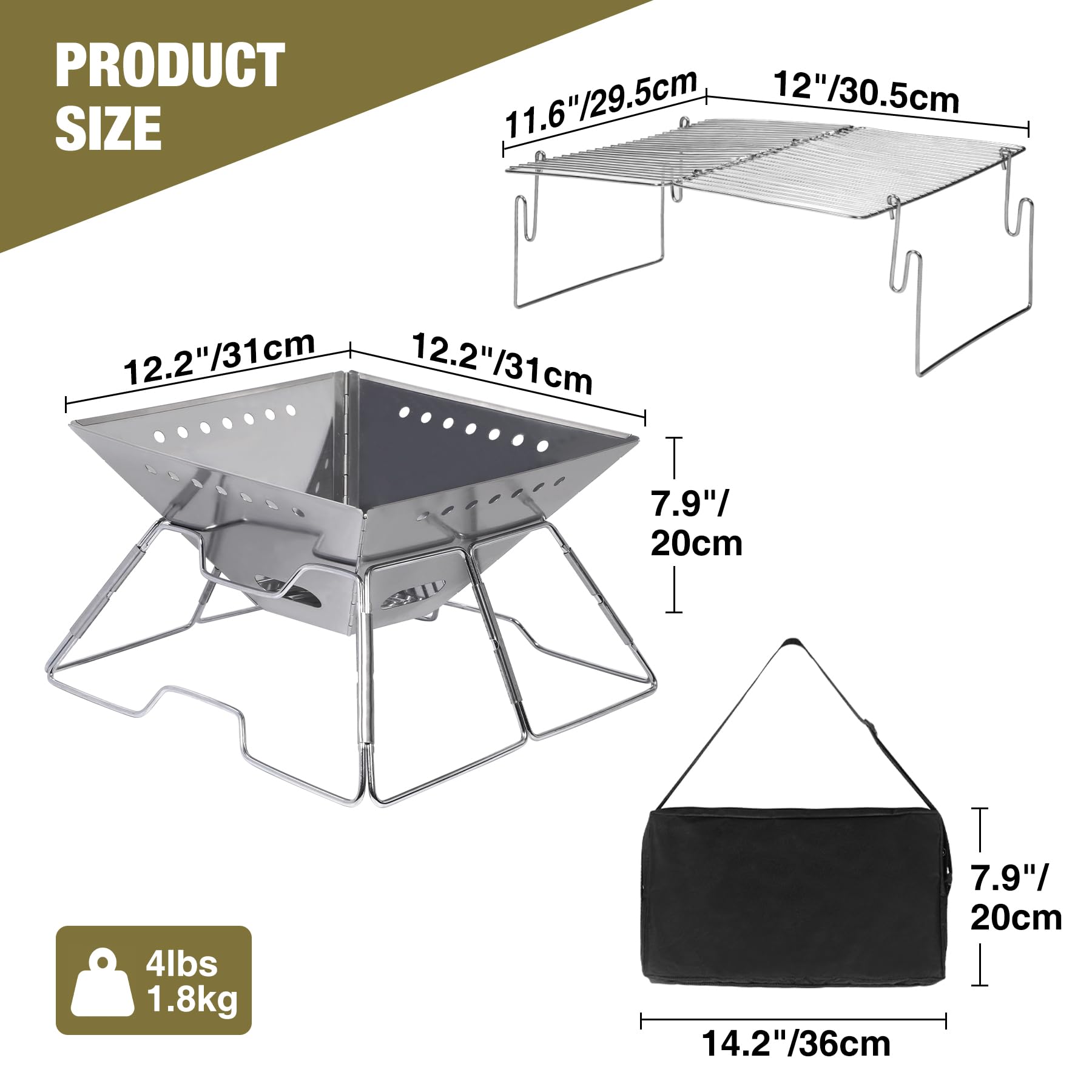 Sizing infographic of portable camp fire pit with dimensions weight and folded carry bag size