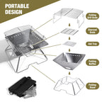 Exploded view infographic displaying five detachable components of the portable camping fire pit
