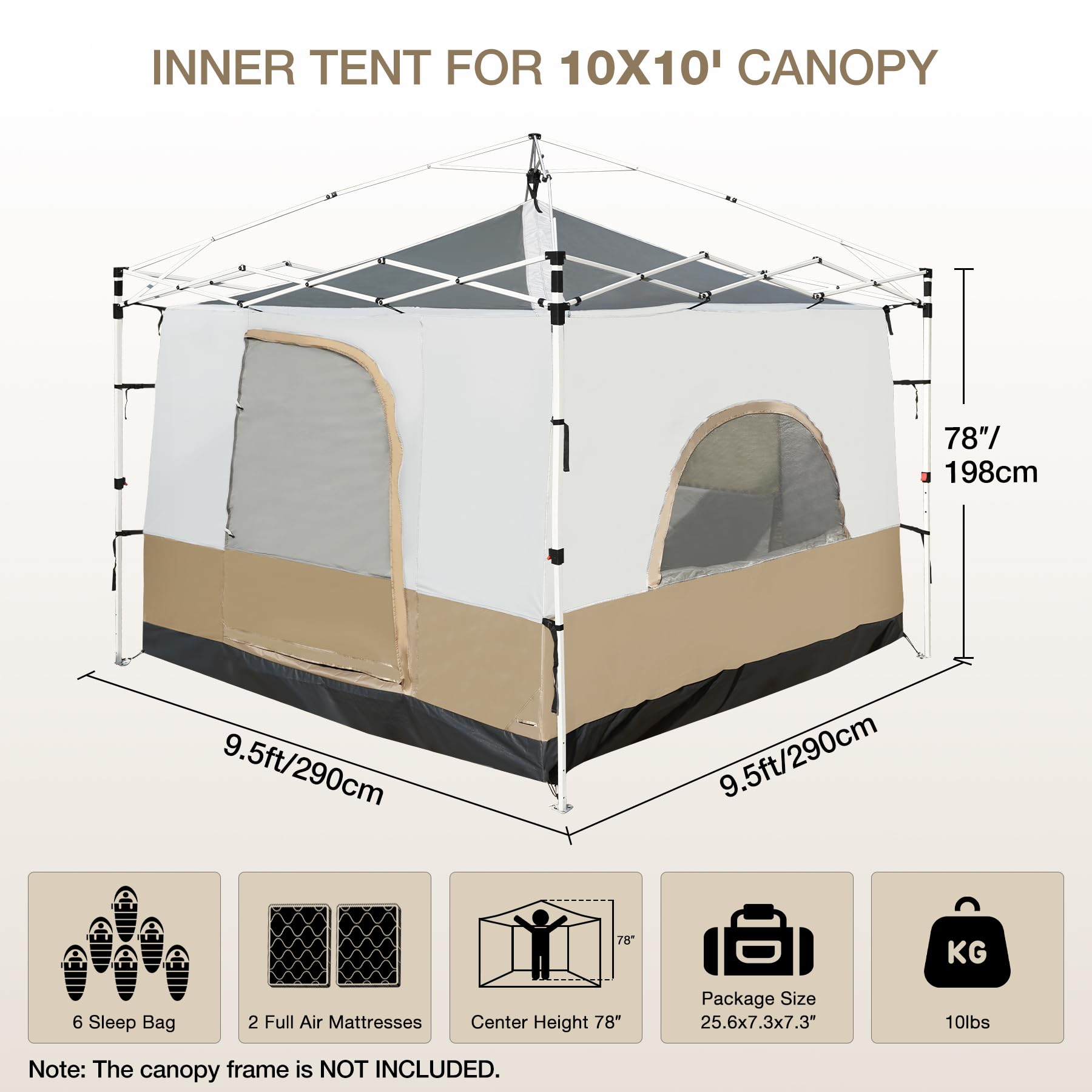 Canopy Camping Tent Attachment for 10x10 Straight Leg Frames