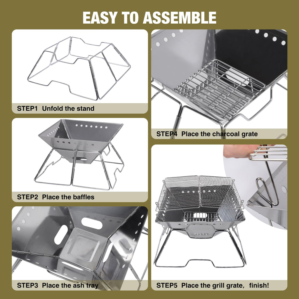 Step by step instruction graphic showing how to assemble the five piece folding campfire grill