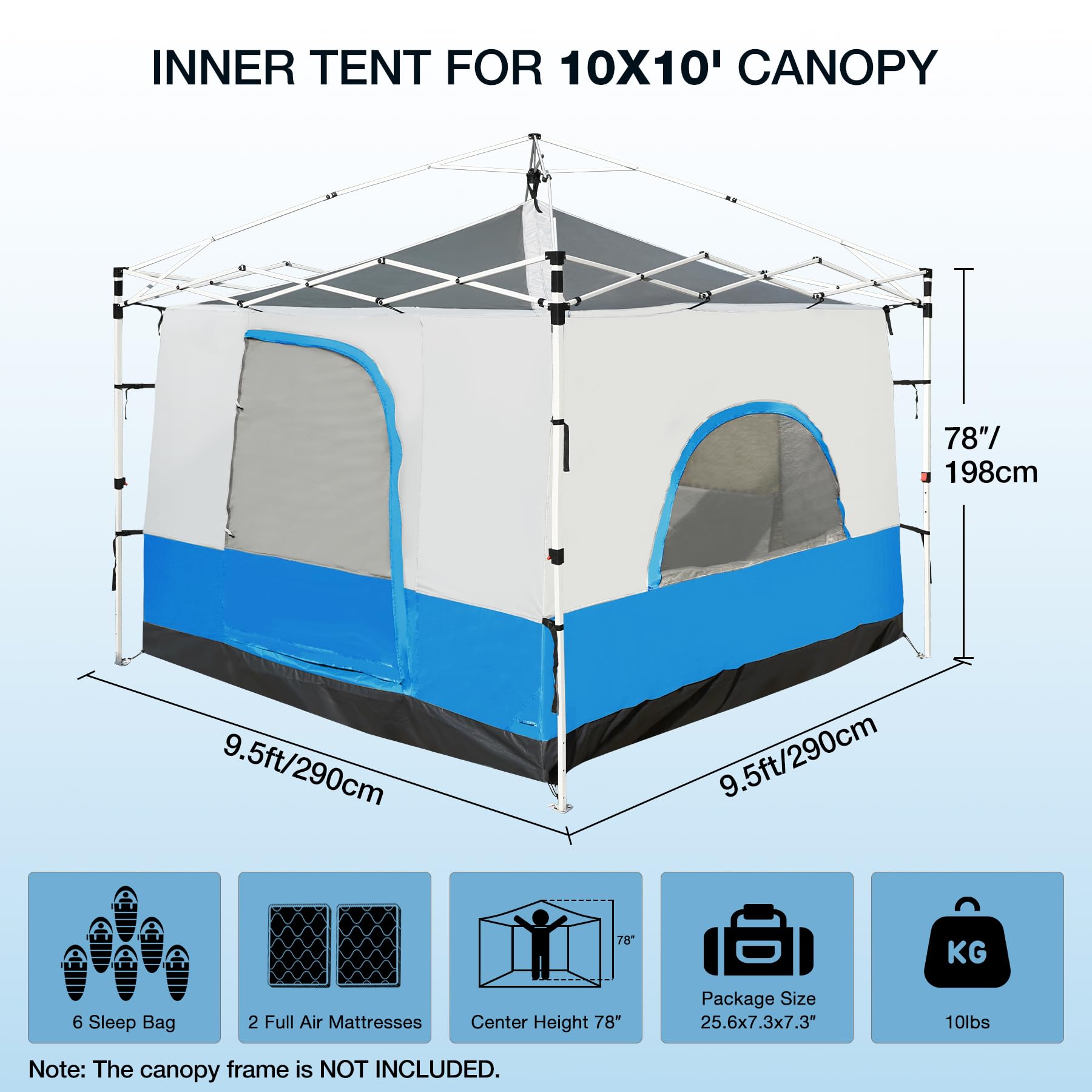 Canopy Camping Tent Attachment for 10x10 Straight Leg Frames