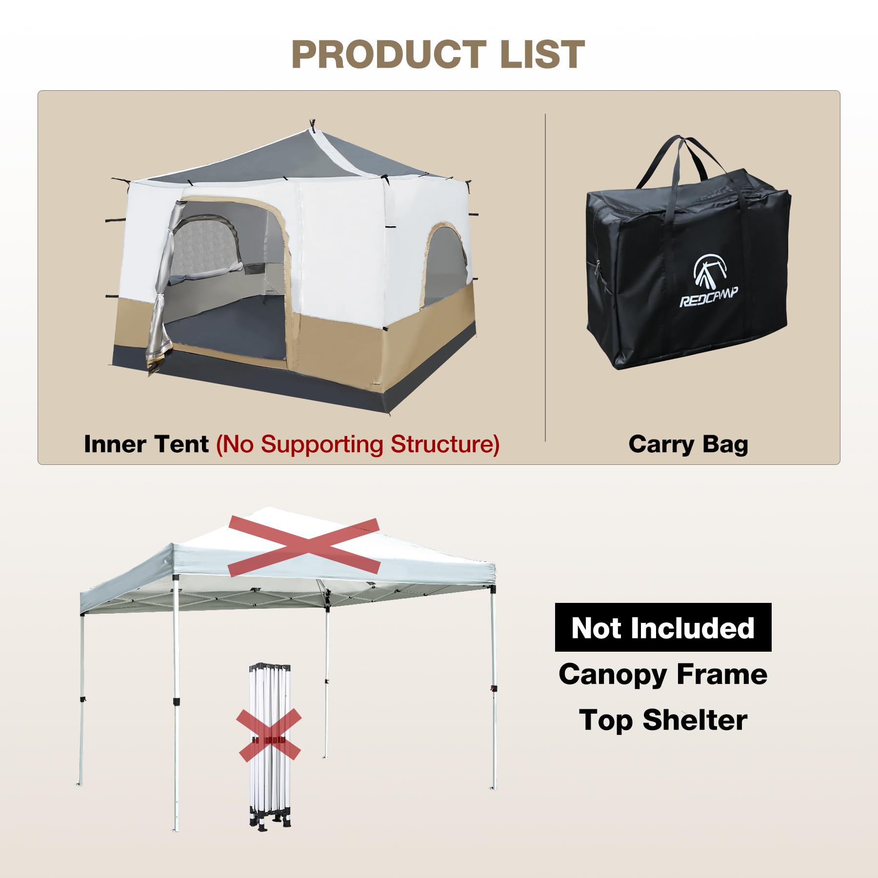 Canopy Camping Tent Attachment for 10x10 Straight Leg Frames