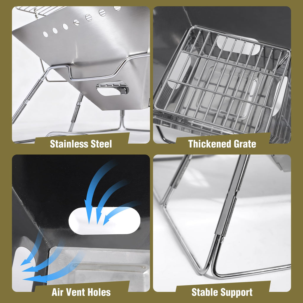 Technical feature highlights showing stainless steel body wire grate ventilation draft vents and support legs
