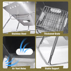 Technical feature highlights showing stainless steel body wire grate ventilation draft vents and support legs