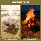 Dual use comparison showing the portable grill function vs open wood warming fire pit