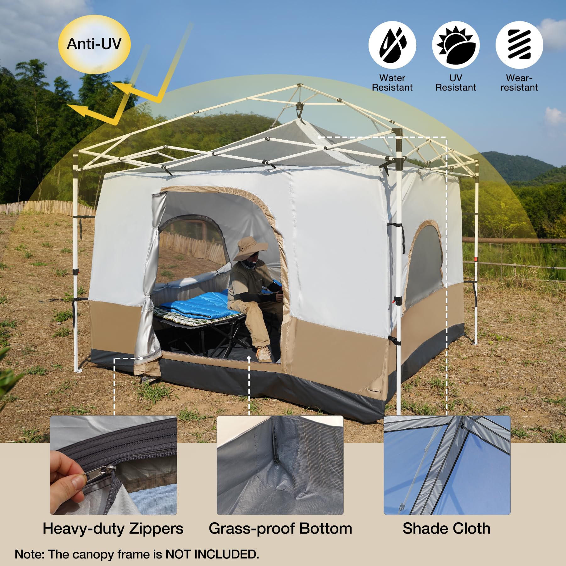 Canopy Camping Tent Attachment for 10x10 Straight Leg Frames