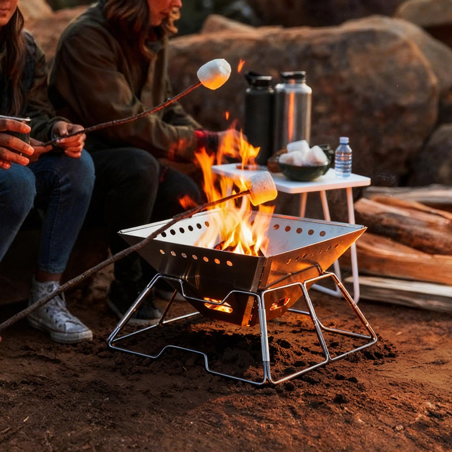 Campers roasting marshmallows over open wood flames in a portable steel fire pit at a rocky campsite