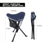 Technical specifications diagram for Stonehomy blue folding tripod camping stool: dimensions, folded length, weight, and 220 lb capacity