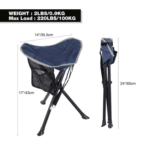 Technical specifications diagram for Stonehomy blue folding tripod camping stool: dimensions, folded length, weight, and 220 lb capacity